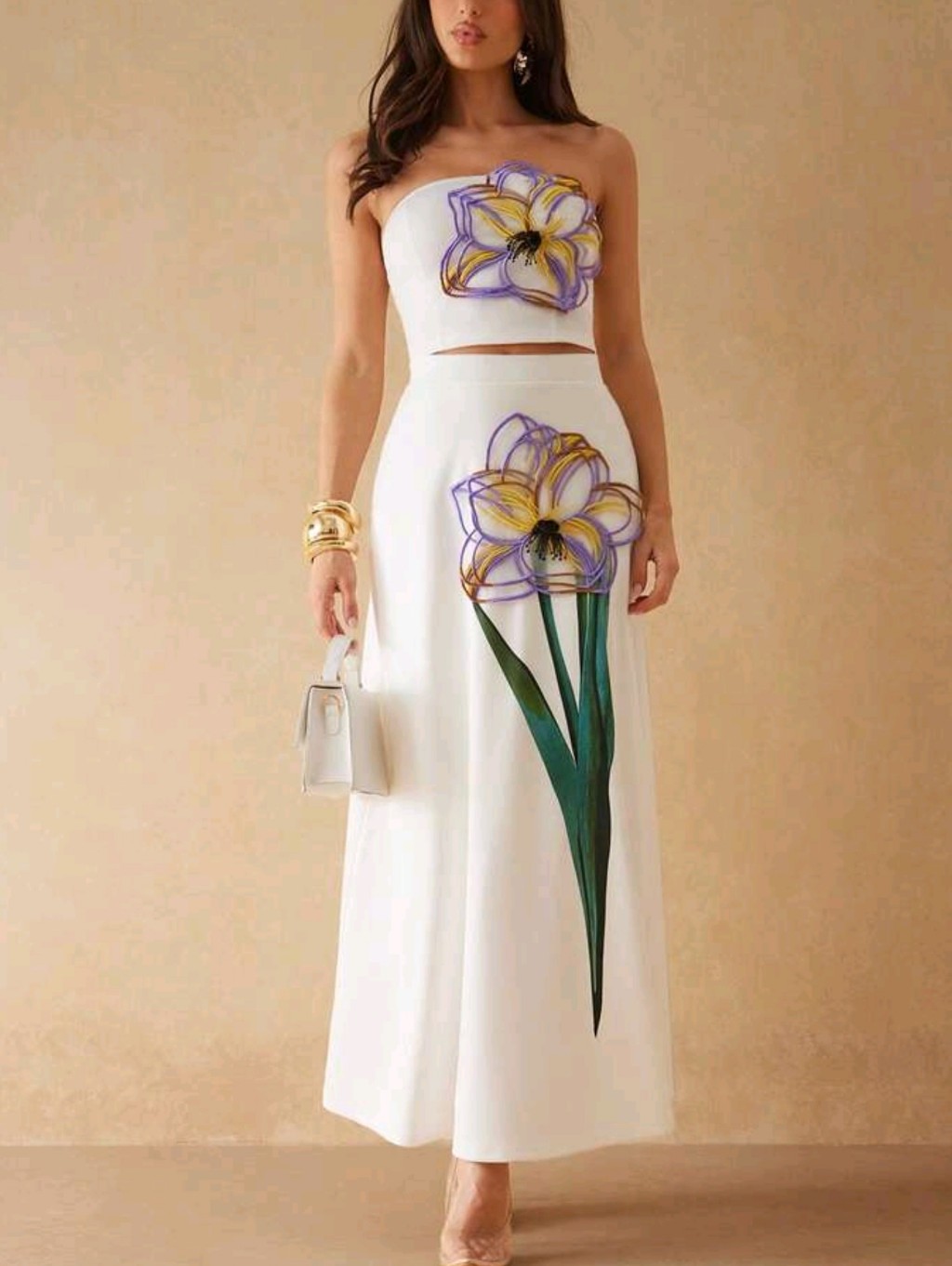 Elegant White Midi Skirt With Three-Dimensional Colorful Flowers